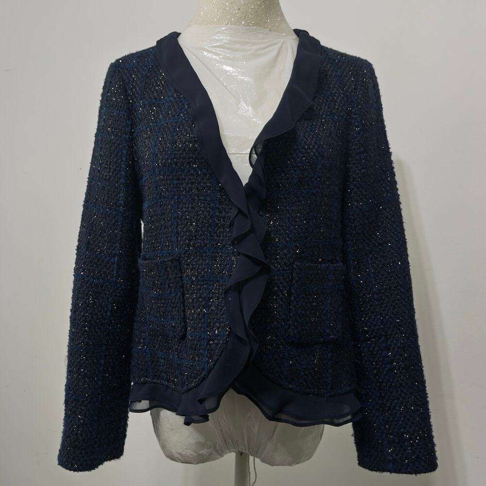 Vince Camuto navy tweed ruffle jacket‎ sz 6 romantic cottagecore Y2K officewear